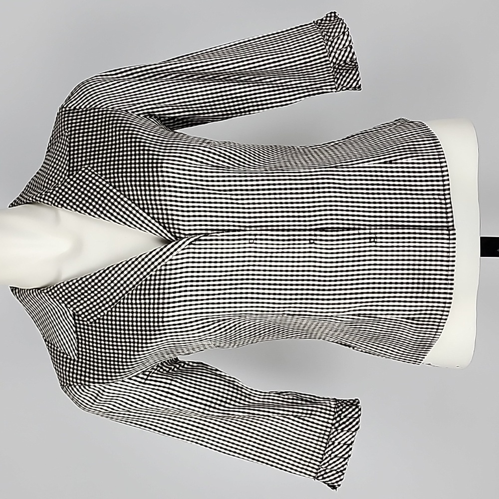 Sandra Angelozzi Blouse 100% Silk Black White Checkered 3/4 Length Sleeves Sz 34